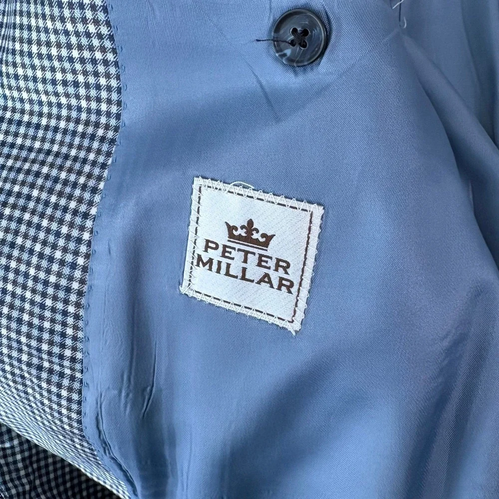 Peter Millar Wool Blazer Sport Coat Mens Size 46T Blue Houndstooth Two-Button